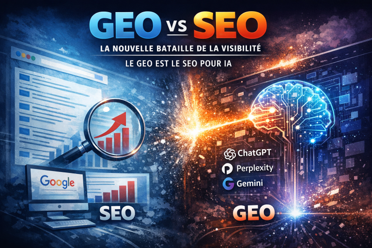 GEO vs SEO : la nouvelle bataille de la visibilité en 2026 1 GEO vs SEO illustration représentant la nouvelle bataille de la visibilité entre moteurs de recherche traditionnels et moteurs génératifs IA